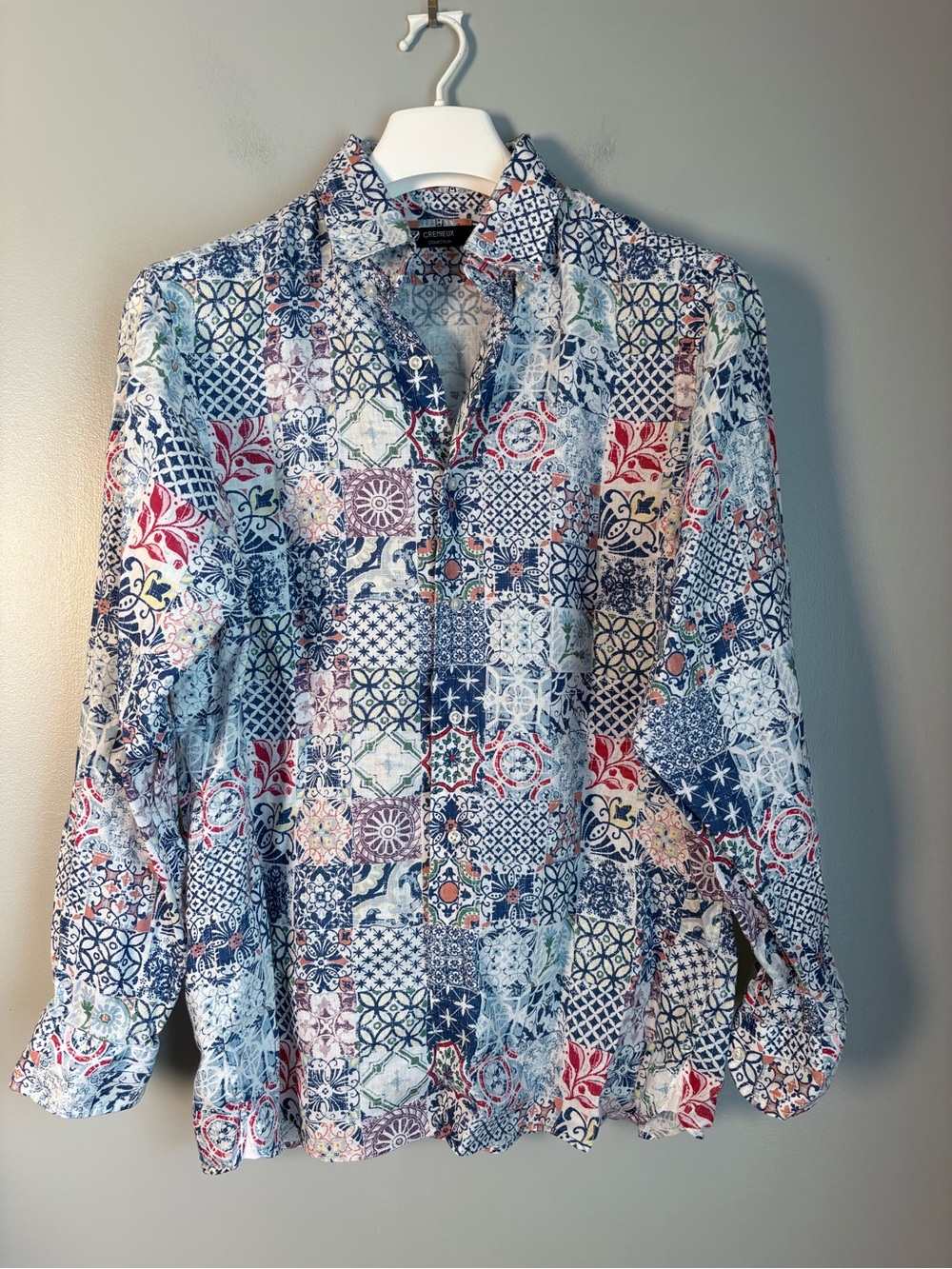 Cremieux Collection Mens Medium Linen Tile Print Button Front Long Sleeve Shirt